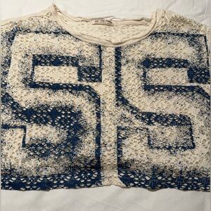 Free People Cream Crochet Crop Top with Navy Graphic